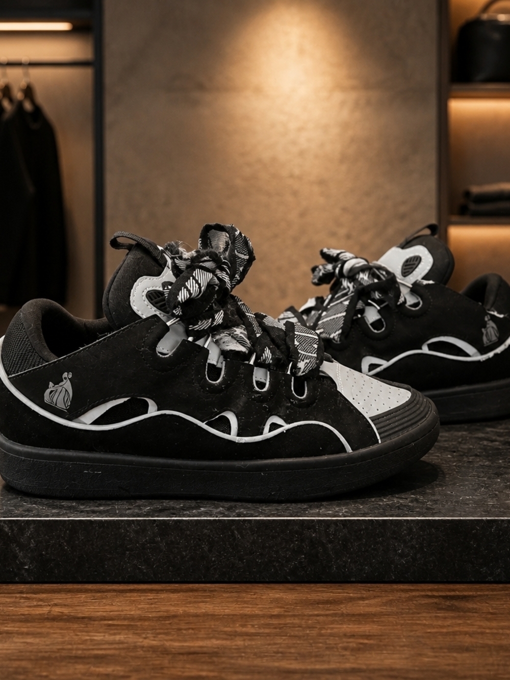LANVIN Men's Curb Black Silver Reflective Sneakers Size EU 41/US 8